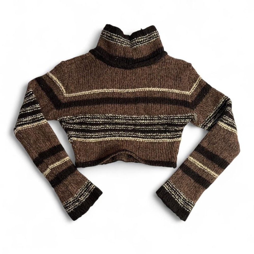 Vintage handmade Brown and cream striped turtleneck cropped sweater